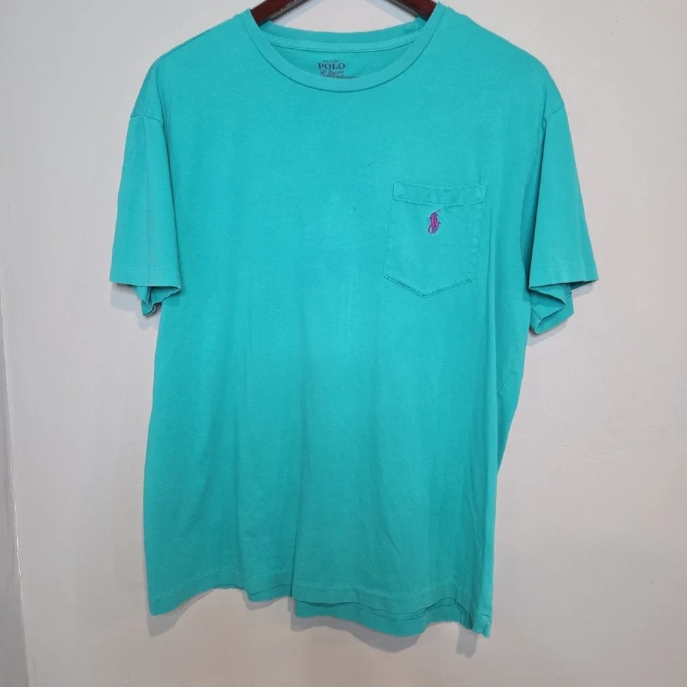 Polo Ralph Lauren Pocket T-Shirt Mens Medium Teal Blue‎ Pink Pony Cotton Short